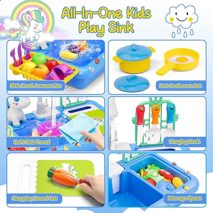 deAO Play Sink with Running Water,Color Changing Children Electric Dishwasher Upgraded Real Faucet and Play Dishes,Pretend Role Play Toys for Kids