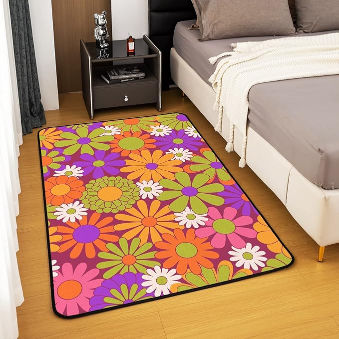 Colorful Vintage Floral Area Rug 5x7,Girls Groovy Flowers Decorative Rug Women Hippie 60S 70S Flowers Power Carpet Psychedelic Botanical Aesthetic Non Shedding Rug for Living Room