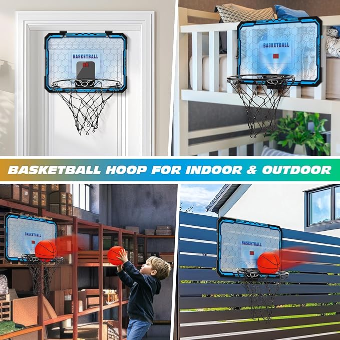 Basketball Hoop Indoor, Basketball Mini Hoop Pro Basketball Hoop Over The Door with Cool LED Lights, Boys Gifts Basketball Toys Gifts Room Accessories for Teen Boys 8-12