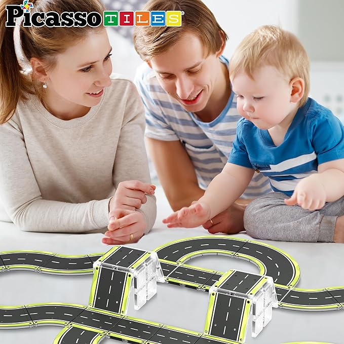 PicassoTiles Magnet Tile Car Track Adventure Theme Printed Street Road Runway Speedway Highway Magnetic Building Tiles Block Construction Pretend Play Playset STEM Education Learning Kit Kids 3+ PTE16