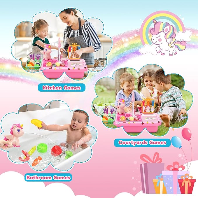 deAO Play Kitchen Sink Toys,Kids Electric Dishwasher Play Sink with Running Water, Play Kitchen Accessories,Real Faucet for Water Play, Pretend Play for Toddlers 3+,Pink