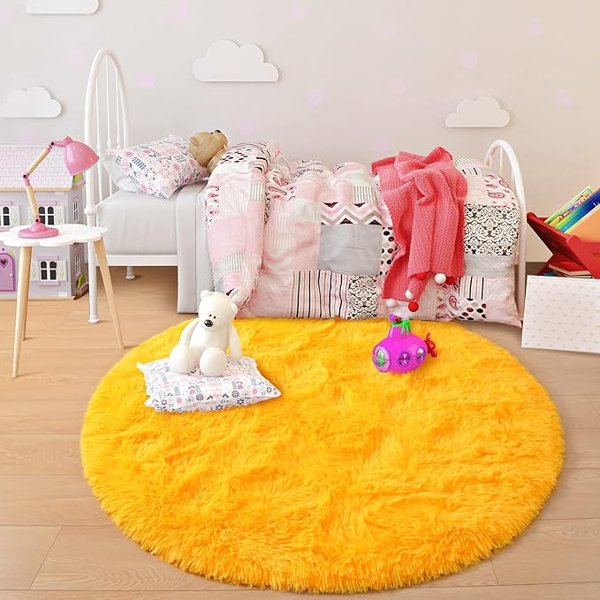 junovo Round Rug 4x4 Feet Fluffy Soft Area Rugs for Kids Girls Room Princess Castle Plush Shaggy Carpet Cute Circle Nursery Rug for Kids Girls Bedroom Baby Room Home Decor Circular Carpet, Orange