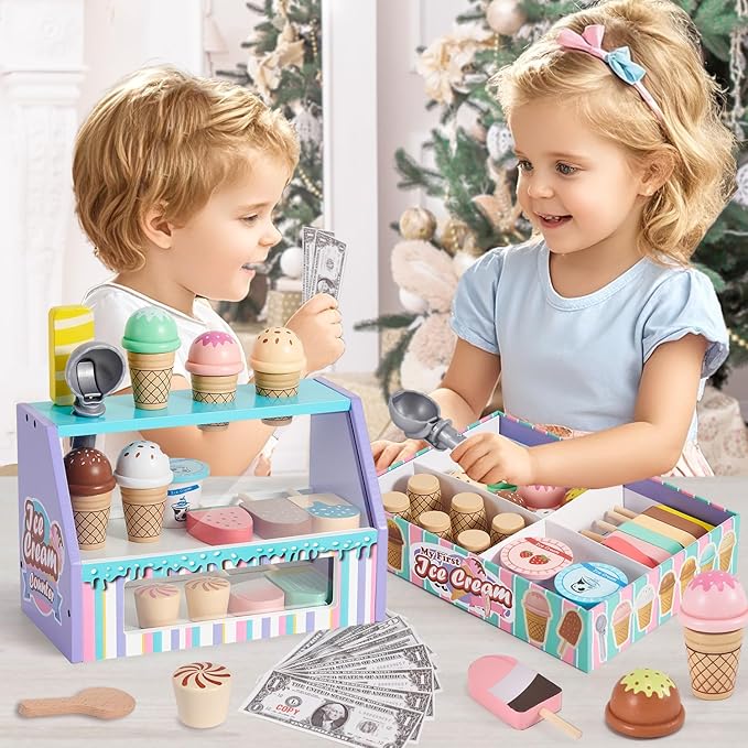 Toyssa Wooden Ice Cream Toys Play Set for Toddlers 3-5, Pretend Play Store Kids Kitchen Accessories with Scoop & Menu & Play Money, Christmas Birthday Gifts for Girls Boys 3 4 5 6 Year Old