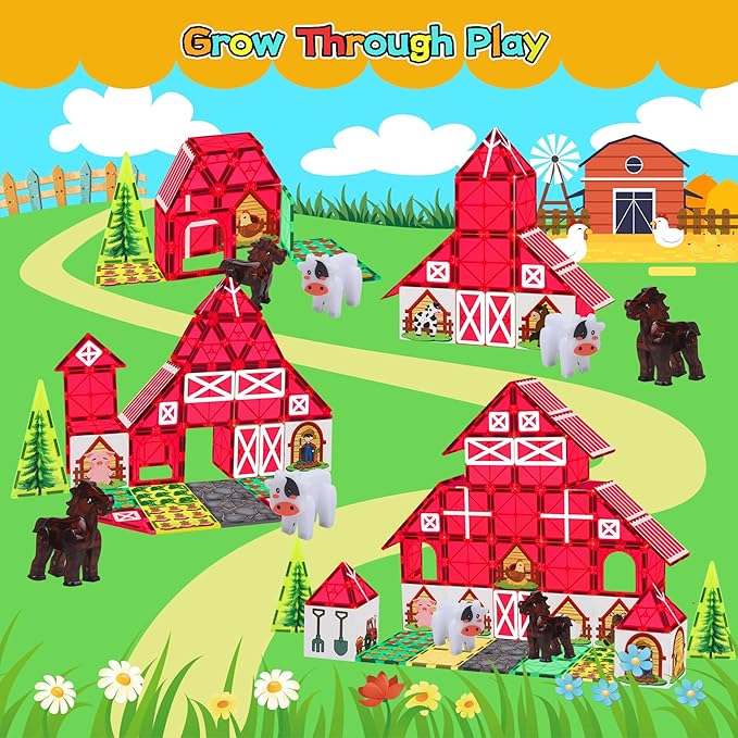 Magnetic Tiles Farm Animal Toy Set with Interactive Cow & Horse, Magnetic Building Blocks for Kids Ages 3-5 4-8 5-7, Magnet Tiles Educational STEM Toy for Boys & Girls