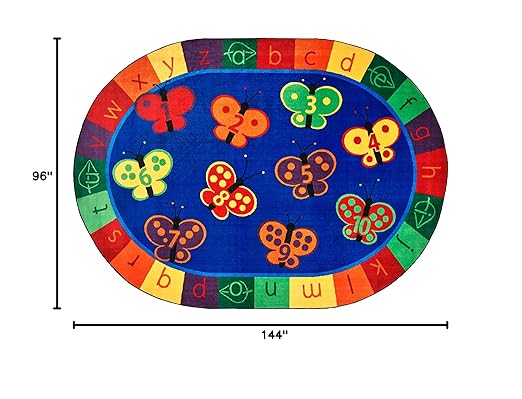 Carpets for Kids 3507 KIDSoft 123 ABC Butterfly Fun Counting Classroom Nursery Room Rug 8ft x 12ft Oval Blue