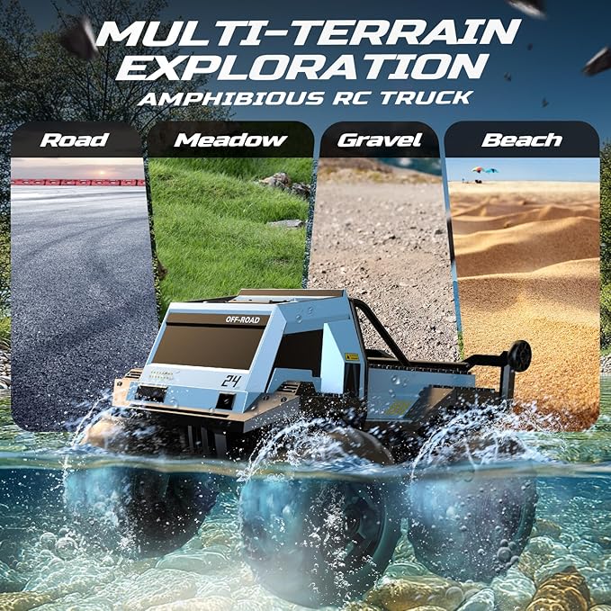 DEERC Amphibious Remote Control Car Monster Truck Toys Waterproof RC Stunt Cars for Boys 8-12 Toys W/Blocks & 360°Spin, 4WD All-Terrain Off-Road Pickup RC Truck 2.4Ghz 60+ Min Playtime Pool Toy Gift