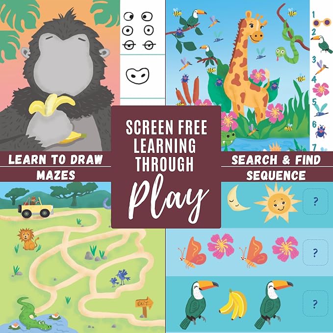 Kids Travel Educational Activity Book with Washable Markers - Car and Airplane Activities, Learning Toys for Toddlers- Search and Find, Reusable Stickers for Ages 4, 5, 6 (Jungle)