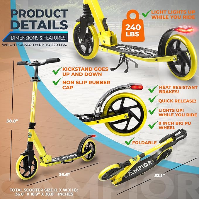Kick Scooter for Ages 6+, for Kids, Teens, and Adults, Max Load 240 LBS, Foldable, 8-inch Big Wheels for Kids and Adults, with Kickstand, 3 Adjustable Levels, Child Safety Approved, Yellow