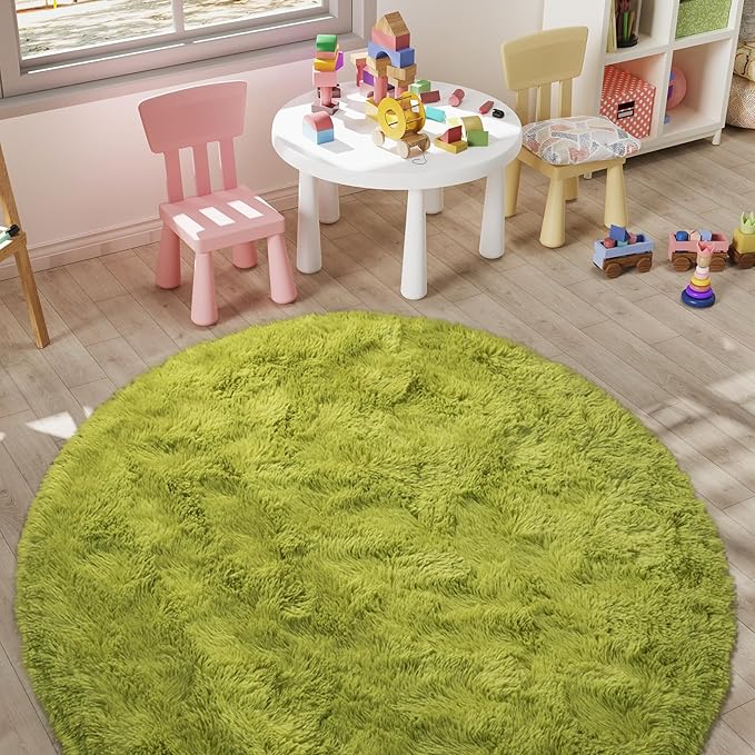 LOCHAS Luxury Round Fluffy Area Rugs for Bedroom Kids Girls Room Nursery, Super Soft Circle Rug, Cute Shaggy Carpet for Children Living Room, 5x5 Feet Green