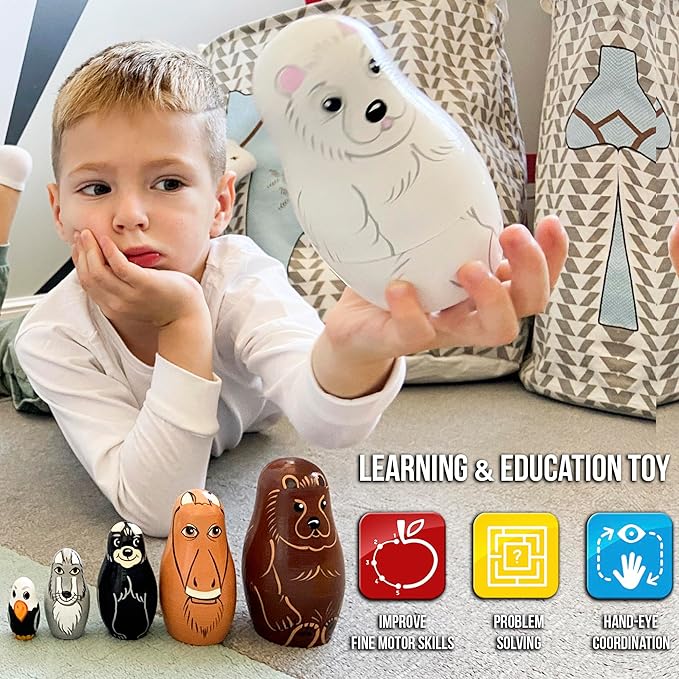 Wooden Animal Nesting Dolls Set of 7 pcs - Matryoshka Polar Animals Figurines - North American Animals Alaska Souvenirs