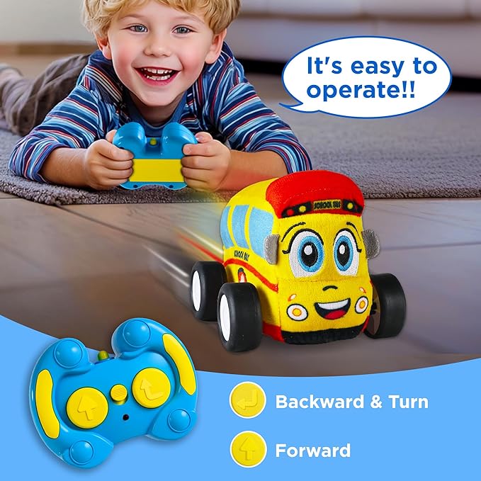 iPlay, iLearn Toddler Soft Car Toy 1-3, Baby Remote Control School Bus Tractor Truck Toy 2 Year Old Boy, 2-IN-1 RC Plush Vehicle Play Set, Infant First Birthday Gift 18 24 Month 2 3 4 5 Year Girl Kids