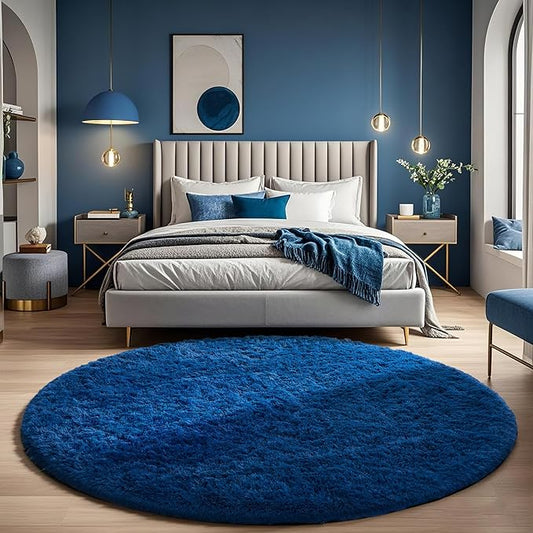 Ophanie Round Rug 6Ft Blue Circle Area Rug, Boys Room Decor, Fluffy Fuzzy Bedroom Carpet, Plush Soft Shaggy Living Room Rugs for Kids Home Decor Aesthetic, Nursery