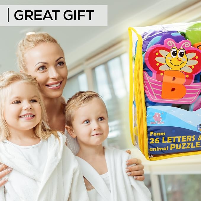 Bath Foam Alphabet Letters Toys - Non-Toxic Bathtub ABC Letters for Kids Toddlers - Premium Educational Floating Animals Puzzles with Toy Organizer for Baby Boys Girls - Set of 52 Pcs