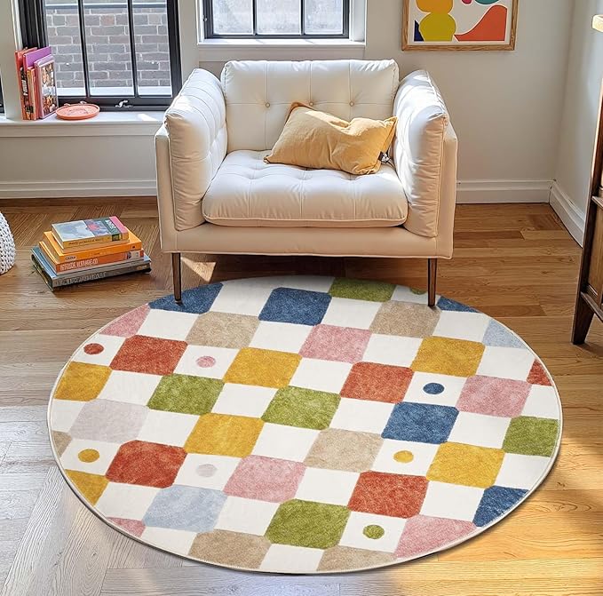 jinchan Round Rug 4ft Kids Washable Rug Colorful Trellis Indoor Floor Cover Non Slip Soft Modern Living Room Diamond Carpet for Nursery Room Bedroom Playroom Circus on Cream