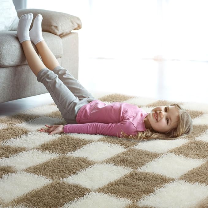KICMOR Small Beige and Cream White Area Rugs for Bedroom, 2x3 Fluffy Fuzzy Plush Shaggy Checkered Rug, Soft Furry Bedside Rug Small Throw Carpet for Living Room Kids Girls Boys Nursery Home Decor