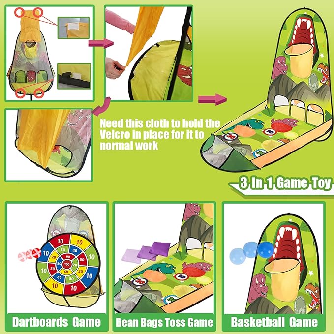 unanscre 3 in 1 Bean Bag Toss Game Toy Outdoor for Kids, Dinosaur Foldable Cornhole Board with Pop Up Basketball Game and Dartboard Set, Gift for Birthday/Xmas Party, Outside Toys for Toddlers Age 3+