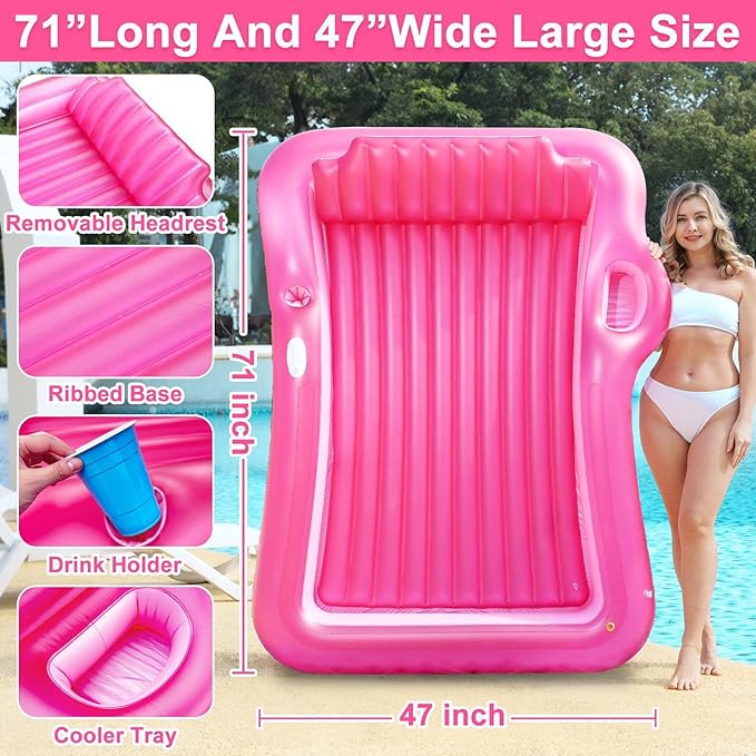 Inflatable Tanning Pool Lounger Float with Sprinkler, 71" x 47" Large Pool Floats Adult with Pillow Cooler Tray, 6 in 1 Suntan Tub Raft Floatie Sunbathing Bed Water Summer Backyard Fun L-Pink