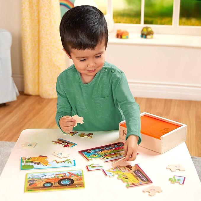 B. toys – Wooden Puzzle Set – Car Carrier, Loader, Excavator, Dump Truck – 12-Piece Jigsaw Puzzles For Kids – 3 Years + – Pack o' Puzzles - Trucks