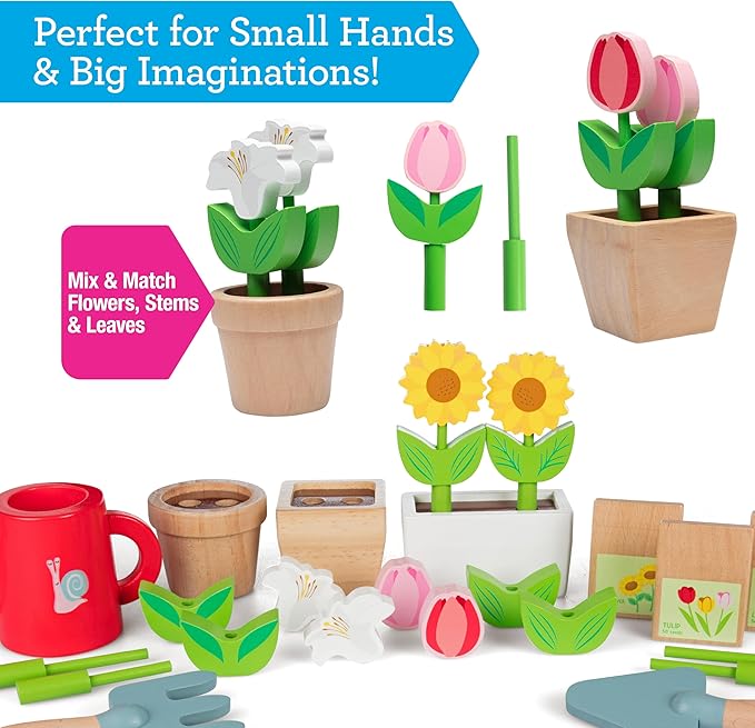 Svan Wooden Toy Gardening Center Indoor Playset - 22 Pc Garden Stand Set w Flowers, Seed Packets, Pots, Shovel Rake Apron Watering Pot- Great Interactive & Fun Pretend Playtime, Gift for Boys Girls