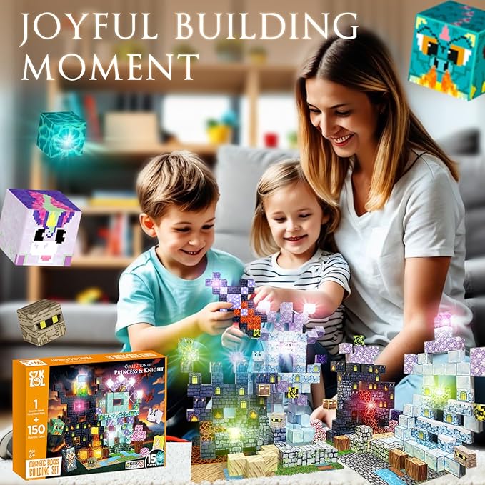 150 PCS Magnetic Building Toys, Magnetic Building Blocks with Light, magnetic cubes Princess & Knight Theme Light Up, STEM Sensory Stacking Build Mine Set for Kid Age 3+ (150pcs with 15 Flashing Cubes