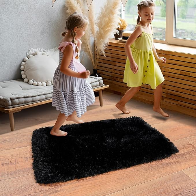 Super Fluffy Area Rug for Bedroom, Modern Shag Black Small Throw Rugs, Soft and Cozy Plush Carpet for Kids,Girls Boys and Teens Decorations for Living Room Dorm Nursery Classroom, 2x3 Feet