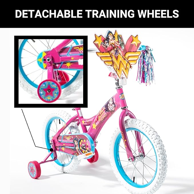 Wonder Woman 16 Inch Bike for Kids | Detachable Training Wheels for Safety & Balance | Pedal Powered Bicycle for Young Superheros Ages 4 and up| Perfect for Boys & Girls | Adjustable Seat