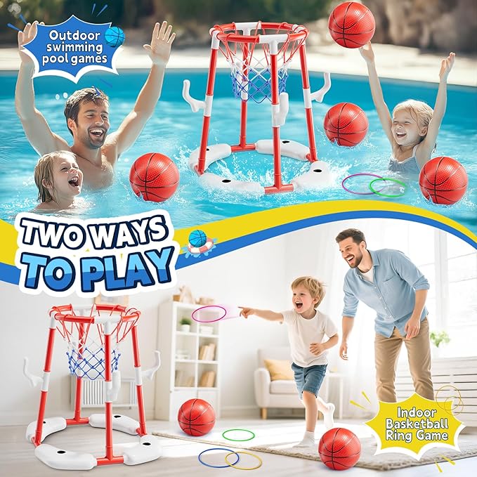 Pool Basketball Hoop, Floating Game with 6 Balls & Pump, Kids Pool Toys for Outdoor Summer Fun, Adjustable Height for Ages 4-8-12, Family Swimming Pool Accessory（red）