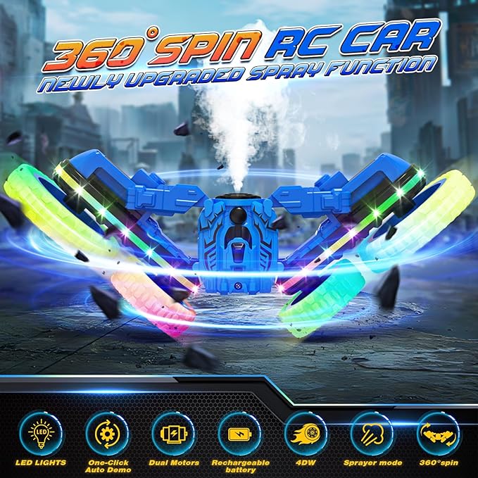 Remote Control Car,RC Cars with Sides Light and Headlights,360°Rotating 4WD Spray RC Stunt Car,2.4Ghz All Terrain Toy Car for Boys Age 4-7 Kids Toy for 8-12 Boys Girls Birthday Gift(Blue)