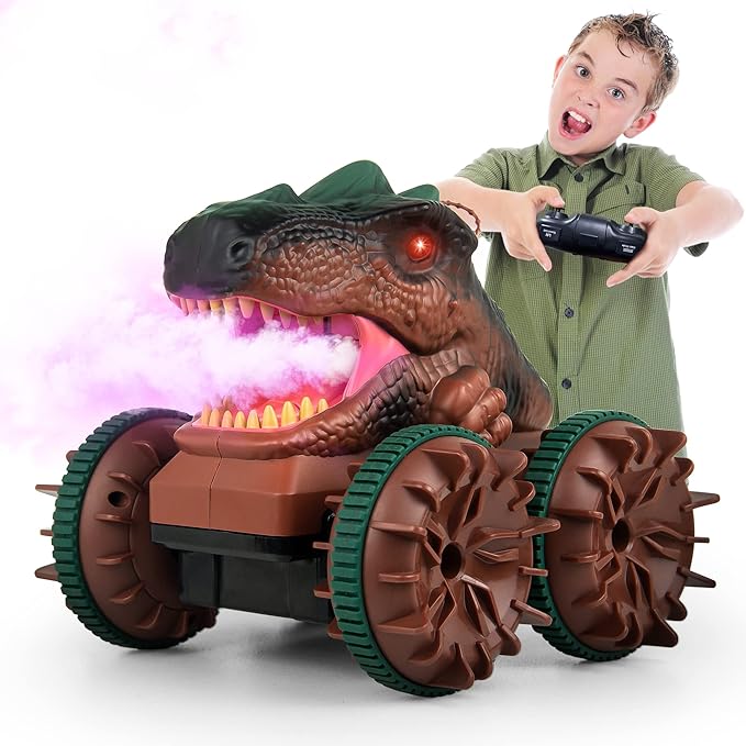 Cheerwing Remote Control Car Dinosaur Toys for Kids Boys,2.4GHz Amphibious Waterproof RC Dinosaur Car with Light,Spray,Sound 360° Rotating Function,All Terrain RC Monster Truck