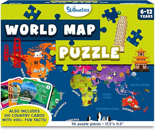 Skillmatics World Map Puzzle - 96 Piece Jigsaw Puzzle, Educational Toy, Geography for Kids, 400+ Facts, Gifts for Boys & Girls Ages 6 to 12