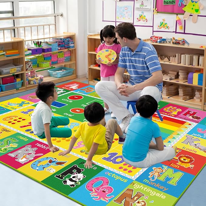 ABC Carpet, Kids Rugs for Playroom, Educational Play Mat for Kids, Preschool Rugs with ABC, Numbers, Animals Learning Rugs for Bedroom Playroom Classroom Baby Toddler Children (Yellow, 78.7X59 INCH)