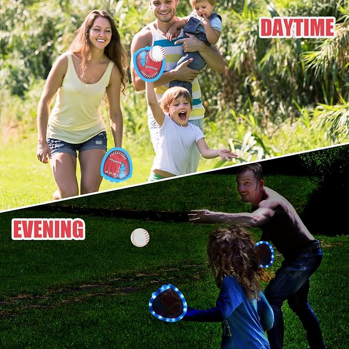 Toss and Catch Baseball Toy Set with 4 LED Light-Up Gloves 6 Soft Baseball, Fun Sticky Ball Catch Games for Kids Ages 3-12, Beginner Baseball Training, Indoor/Outdoor Sports Toy Gifts for Boys & Girls