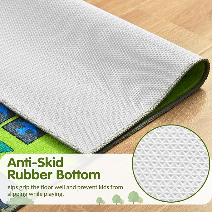 Merelax 4x6 Kids Car Rug Green Grey Area Rugs for Living Room Playroom Classroom Bedroom, Non Slip Kids Play mat Washable Rug, Educational City Traffic Road Map Fun Car Carpet for Ages 3-12