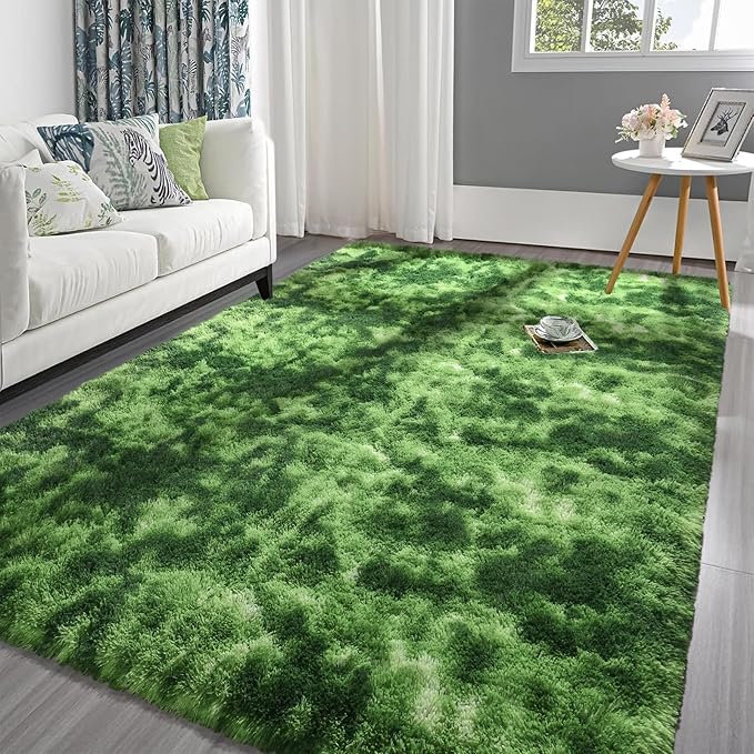 Pettop Fluffy Shag Area Rug, 4x6 Tie-Dyed Plush Fuzzy Rugs for Living Room, Ultra Soft Shaggy Rugs for Bedroom, Non-Slip and Washable Indoor Carpet for Girls Kids Room Home Decor, Dark Green