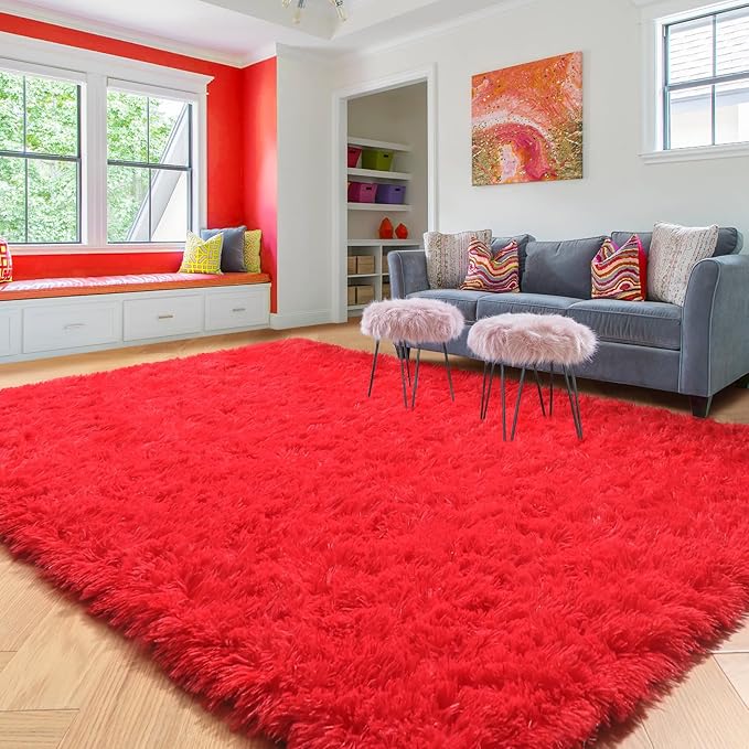 Amdrebio Red Area Rugs for Living Room Bedroom, Christmas Rug 6x9, Large Red Carpet, Plush Fuzzy Furry Rug for Kids Playroom, Fluffy Shaggy Throw Carpets for Dorm, Aesthetic Rugs for Boys Room Decor