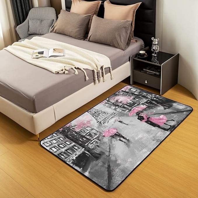 Paris Area Rug 3x5, French Eiffel Tower Rugs for Girls Kids Women, Paris Themed Cherry Blossoms Carpet, Couple Retro Gray Building Non Slip Pink Grey Decorative Rug for Living Room