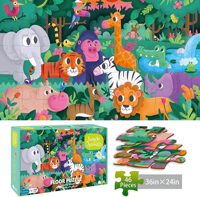 TAOZI&LIZHI Floor Puzzles for Kids, Jungle Animals Jigsaw Puzzle for Kids Ages 3-5, 4-8, Christmas Toddler Puzzles with Hand-held Gift Box, Preschool Learning & Education Toys(46 pcs, 2 x 3 feet)
