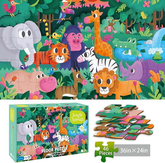 TAOZI&LIZHI Floor Puzzles for Kids, Jungle Animals Jigsaw Puzzle for Kids Ages 3-5, 4-8, Christmas Toddler Puzzles with Hand-held Gift Box, Preschool Learning & Education Toys(46 pcs, 2 x 3 feet)