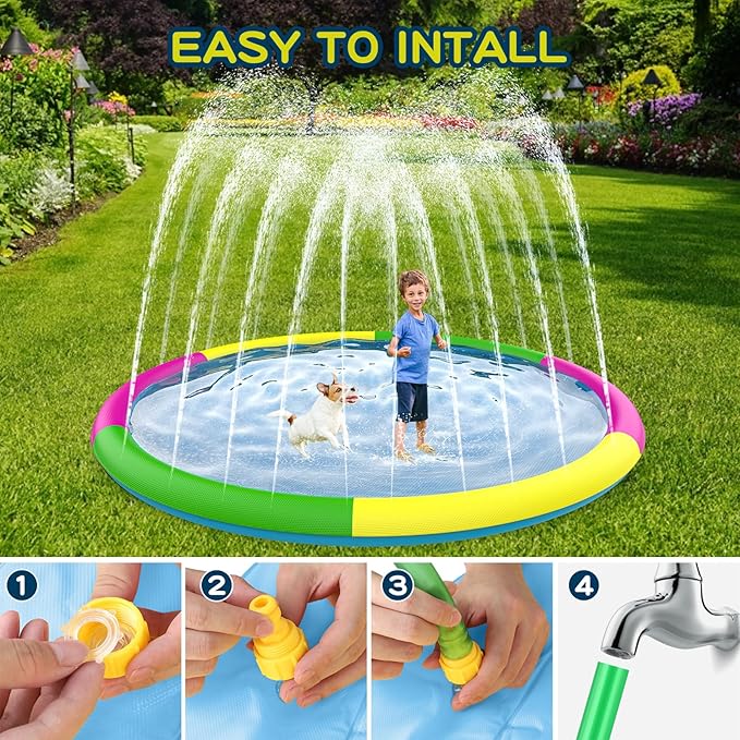 Growsland Non Slip Splash Pad for Kids and Dogs, 102'' Extra Large Splash Pad Outdoor Sprinkler for Kids, Dog Water Summer Toys Outdoor Toys for Toddlers 3-5 Kids Ages 4-8