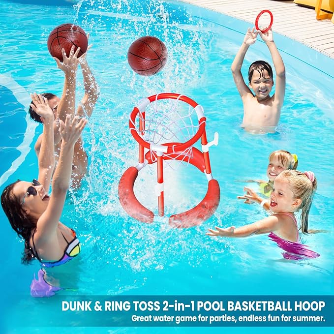 SpringFlower Pool Basketball Hoop,Floating Pool Toys Ring Game with Ring Toss, Balls and Pump, 2-in-1 Summer Outdoor Swimming Pool Basketball Games Play Toy Family Party for Kids Adults, Red