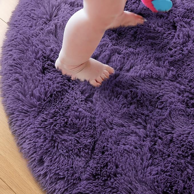 junovo Round Rug 5x5 Feet Fluffy Soft Area Rugs for Kids Girls Room Princess Castle Plush Shaggy Carpet Cute Circle Nursery Rug for Kids Girls Bedroom Baby Room Home Decor Circular Carpet, Grey-purple