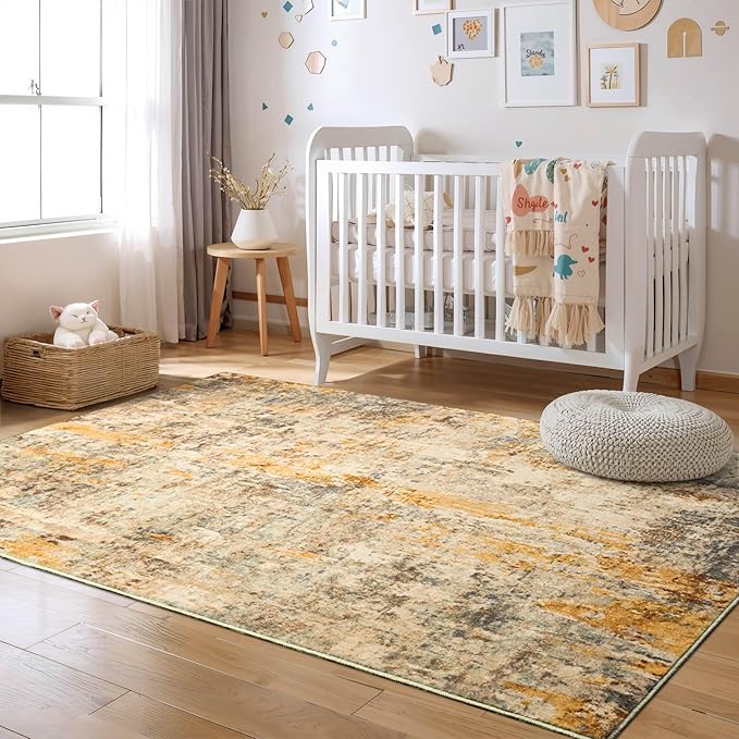 Area Rug 4x6 Beige Rug Washable Boho Rugs Non Slip Low Pile Abstract Small Carpet for Entryway, Bedroom, Kitchen, Classroom, Kids Room, Office, Dorm, Dining Room Light Tan