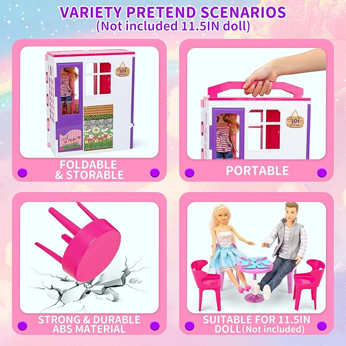 Doll House Portable & Foldable Dollhouse w/ 60+ Pcs & 2 Dolls, Play House Toy with Bedroom Kitchen Furniture Camping Playset, Playhouse Birthday Gift for Girl Kid Toddler