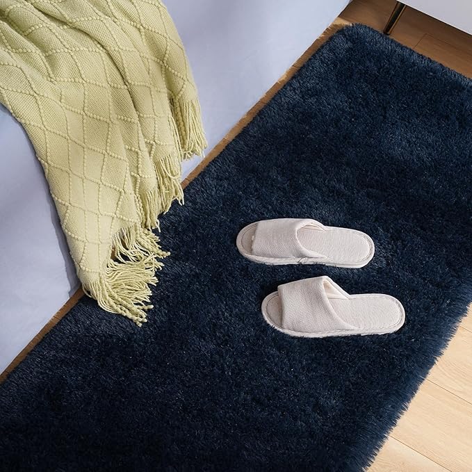 Amearea Shag Fluffy Runner Rug for Bedroom Girls Living Room, 2x6 Feet Extra Soft and Fuzzy Shaggy Rugs, Non Slip, Indoor Floor Long Carpet Mat for Boys Nursery Home Decor, Navy Blue