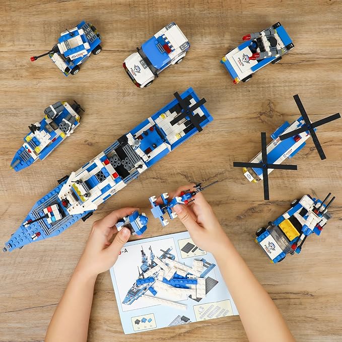 WishaLife 1169 Pieces City Police Station Building Kit, 6 in 1 Military Battleship Building Toy, with Police Cars, Boat, Airplane, Best STEM Construction Toy Gift for Boys and Girls 6-12