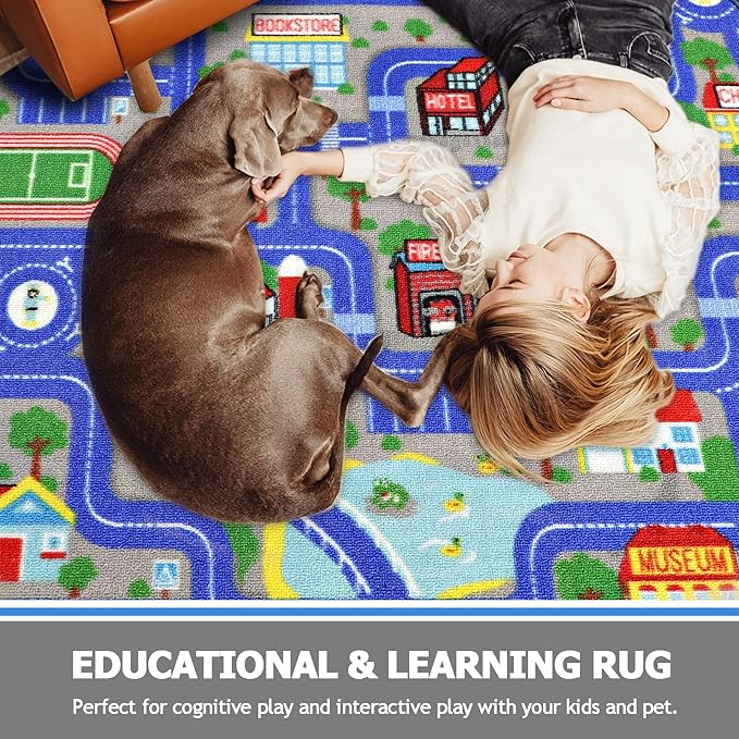 Capslpad Blue Car Road Kid Rug Carpet Playmat for Playoom Traffic Road Kids Play Mat for Toddler Non Slip Washable City Map Race Track Carpet Rug for Kids Room Bedroom Nursery Room Decor,6.6'x6.6'