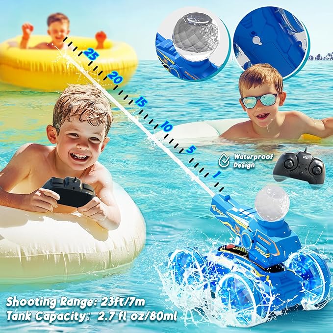 4-in-1 Waterproof Remote Control Car with Water Gun, Pool Toys for Kids age 4-8 8-12, Amphibious RC Cars & RC Boat, Water & Land RC Stunt Car, Summer Outdoor Play Toy for Boy Girl Age 3+ Birthday Gift