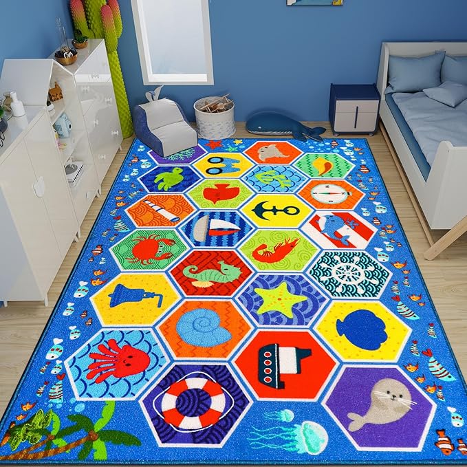 Large Classroom Rug 4×6 Hexagons 24 Seats Ocean Themed Kids' Carpet Kid Rug 13.3'×7.7' Educational Play Mat for Interactive Learning Preschool Rugs for Classroom Learning Area 157"×91"