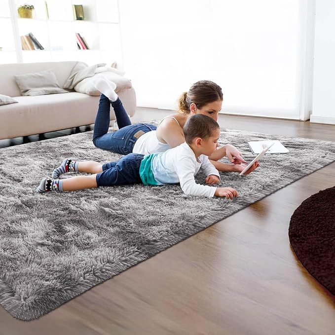 Fluffy Soft Living Room Bedroom Rug, 4x6 Tie-Dyed Grey Area Rugs Super Soft Shaggy Carpet for Living Room Classroom Kids Babys Playroom Nursery Dorm Home Decor, Modern Indoor Non Slip Rug