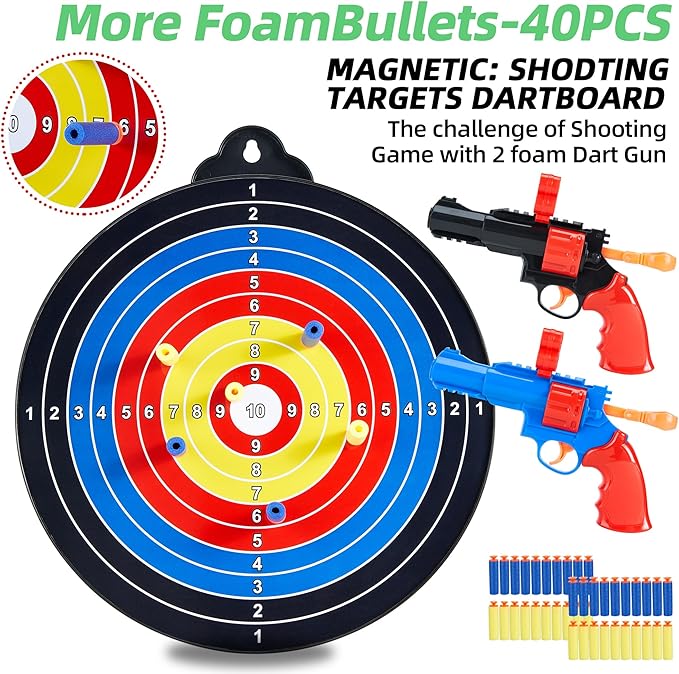 Magnetic Dart Board for Kids-12Magnetic Dart/Sticky Balls Or 2 Toy Gun+40 Foam Dart.Indoor/Outdoor Kids Games and Party Games,Christmas Birthday Gifts Toys for 3-12 Year Old Boys
